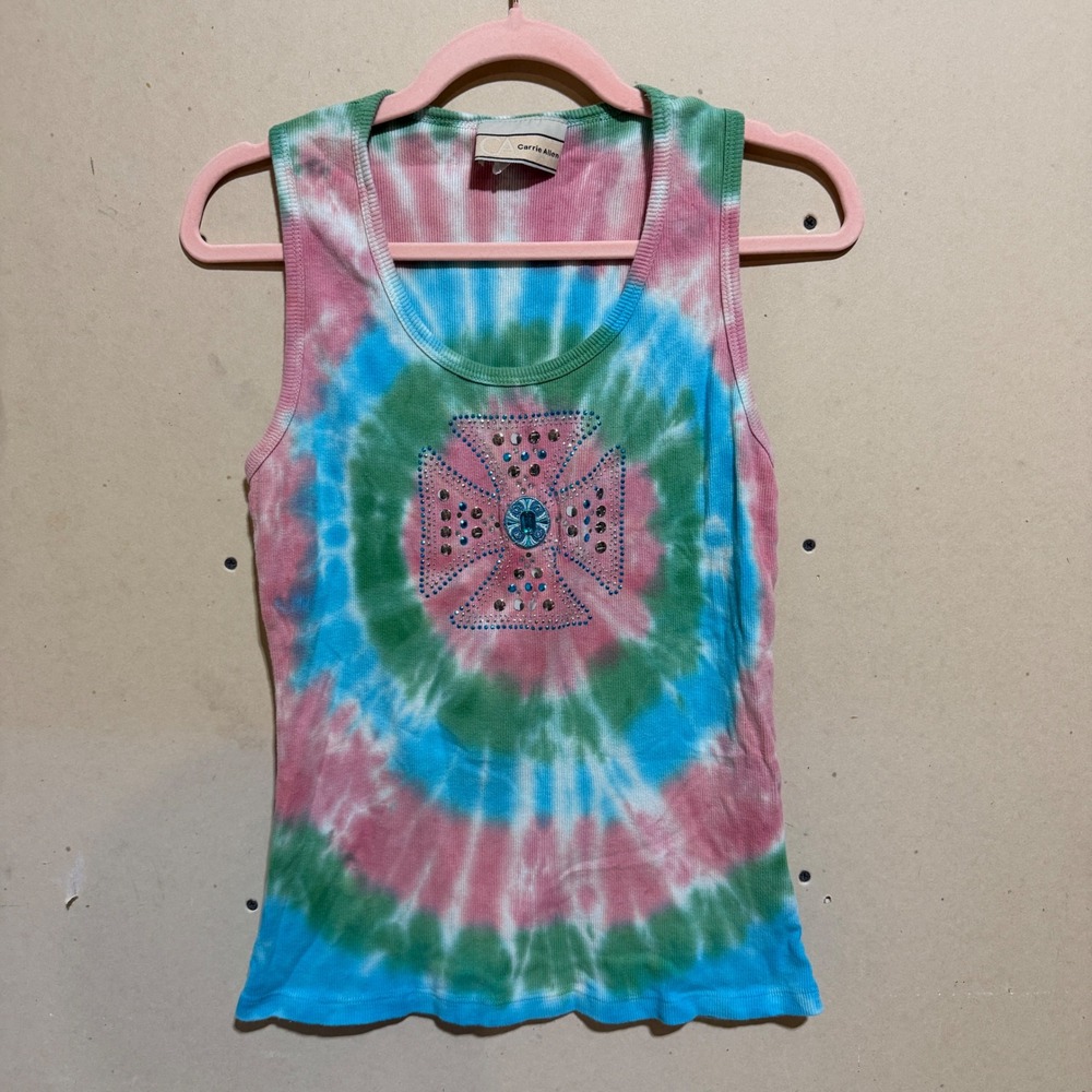 Carrie Allen Y2K Tie Dye Embellished Tank Top Pink Green Blue Rhinestone Cross L